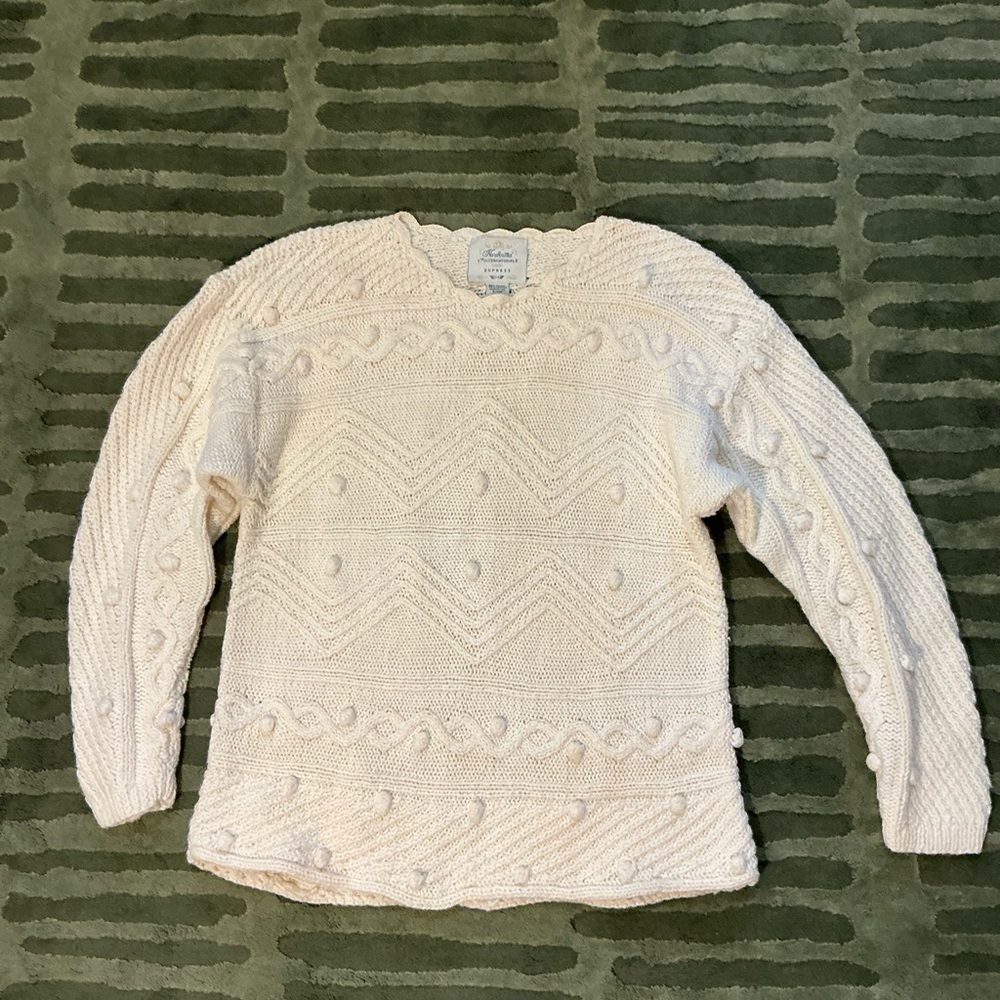 Cream Cable-Knit Crewneck Sweater with Bobble Detail